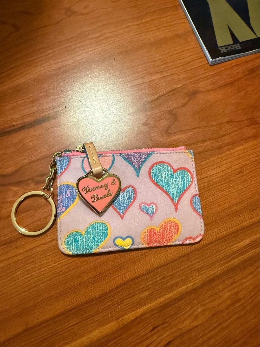 Dooney & Bourke Lavender Multicolor Heart Zip Card Case with Key Ring